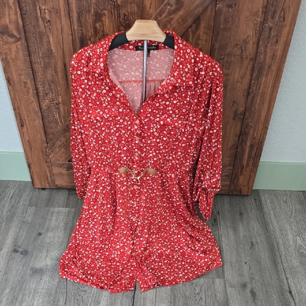Ryan Michele Red and White Long Sleeve Dress with Notched Collar